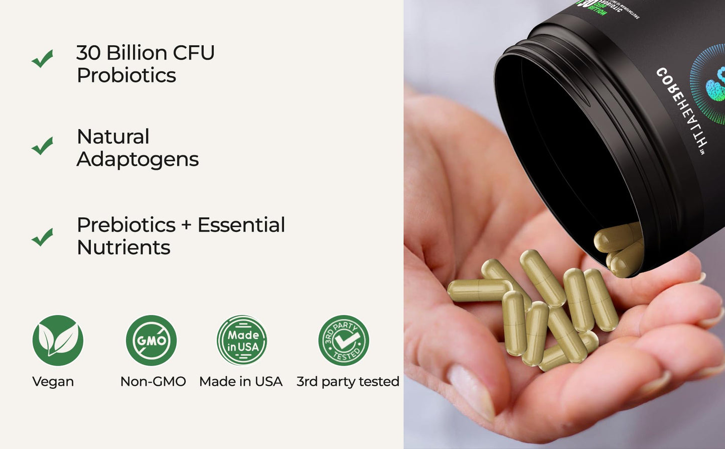 Gut-Brain Synergy Probiotics + Nootropic Supplement - 30 Billion CFU, Ashwagandha, L-Theanine, Zinc - Supports Digestion, Brain Supplement for Memory and Focus, Bloating Relief, Immunity- 60 Capsules