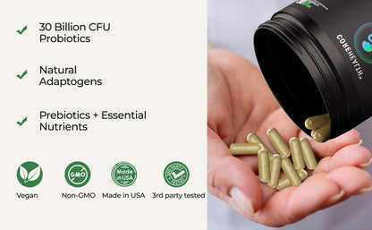 Gut-Brain Synergy Probiotics + Nootropic Supplement - 30 Billion CFU, Ashwagandha, L-Theanine, Zinc - Supports Digestion, Brain Supplement for Memory and Focus, Bloating Relief, Immunity- 60 Capsules