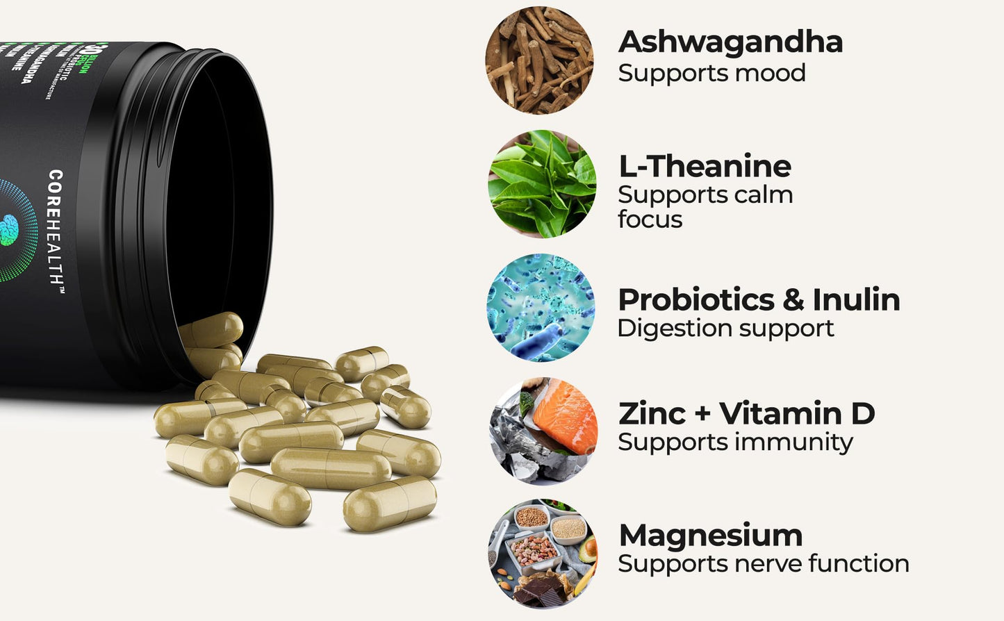 Gut-Brain Synergy Probiotics + Nootropic Supplement - 30 Billion CFU, Ashwagandha, L-Theanine, Zinc - Supports Digestion, Brain Supplement for Memory and Focus, Bloating Relief, Immunity- 60 Capsules